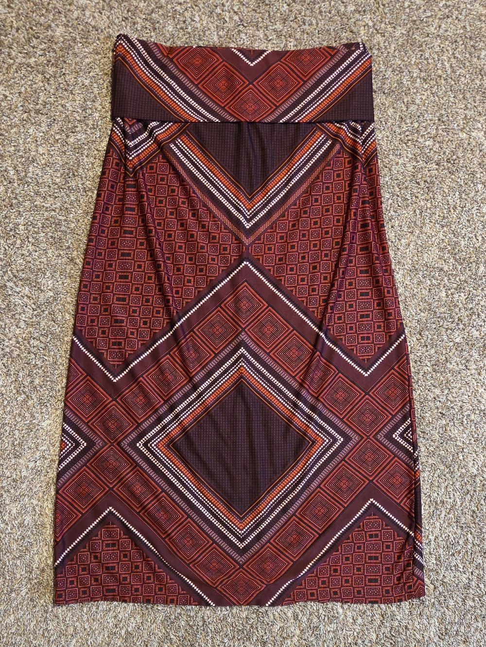 NOTATIONS Y2K Burgundy and Rust Fold Over Geometric Maxi Skirt